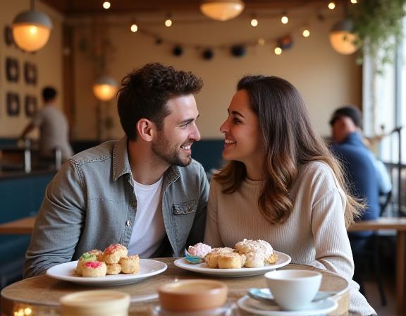 Pareja disfrutando de un brunch ligero con pasteles artesanales en La Ola Dulce Triana