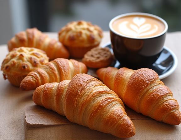 Selección de bollería artesanal y café para pedido online en La Ola Dulce