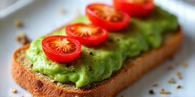 Tostadas de pan artesanal con aguacate y tomate para desayuno vegetariano